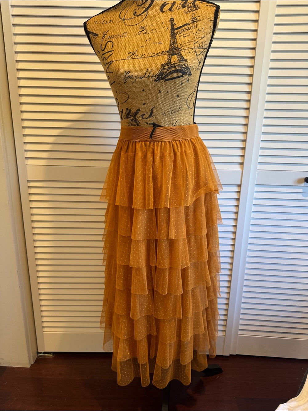Anthropologie Mustard Tiered Polka Dot Tulle Maxi Skirt